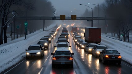 Heavy traffic on a highway during rush hour, perfect for urban-themed designs, transportation photography, and city life illustrations.