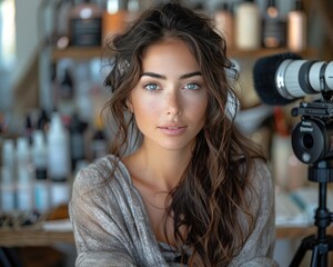 Professional Beauty Influencer Filming Makeup Tutorial with 90 mm f/4.0 Lens in Well-Organized Vanity Setup
