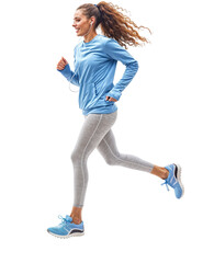 Running Towards Goals: A determined woman in athletic wear strides forward with a focused expression, her hair flowing in the wind. This image captures the energy and spirit of a dedicated runner.