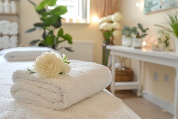 SPA setting with flowers, orchid, candle or towel on wooden table in massage room. Modern SPA salon