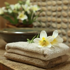 SPA setting with flowers, orchid, candle or towel on wooden table in massage room. Modern SPA salon