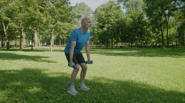 Motivated sporty fit middle aged man doing dumbbell triceps kickback exercise, strengthening and toning arm muscles ,while practicing weight training workout on park green lawn.