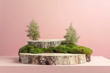 Abstract podium for organic cosmetic products. Natural style. Stone podium with green moss on pastel background. Still life for the presentation of cosmetic products. Copy space - generative ai