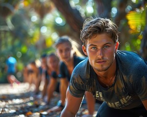 Energetic Fitness Instructor Leading Outdoor Bootcamp in Scenic Park with Participants Doing Push-ups and Squats