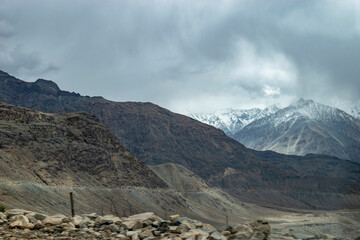 Snow mountains of Ladakh. Beautiful peak view of Himalayas. Natural beauty of Ladakh in India. Famous tourist place in the world Travel and Landscape