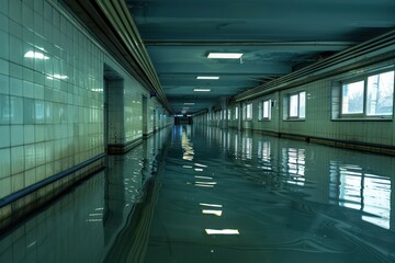 Flooded metro station hallway with dark blue ceiling and single light fixture, creating a mysterious atmosphere. Water level reaches windows, capturing eerie scene.