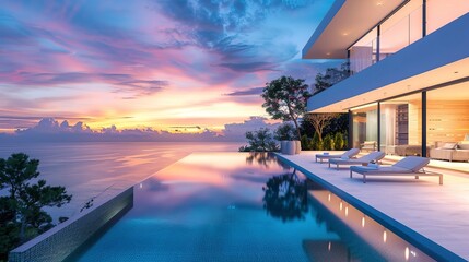 Fototapeta premium Modern house with a swimming pool, modern pool villa at the beach, luxury villa by the ocean at sunset 