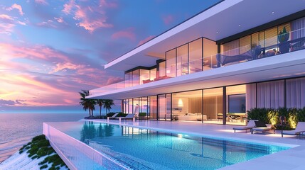 Fototapeta premium Modern house with a swimming pool, modern pool villa at the beach, luxury villa by the ocean at sunset