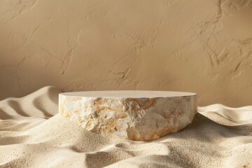 Background for cosmetic products of natural beige color. Stone podium on the sand. Front view - generative ai