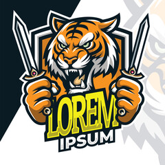 Tiger head logo mascot, angry tiger use sword esport mascot with shield back, gamer logo ilustration