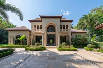 Obraz premium A dwelling with a unique theme and detailed facade design features a residence that stands out due to its distinctive architectural style and elaborate exterior detailing.