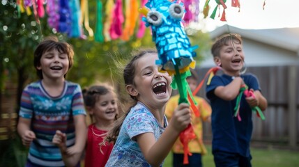 Fototapeta premium children are playing pinata in the backyard
