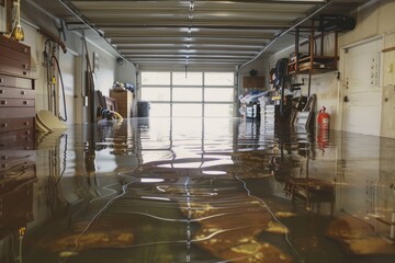 Naklejka premium Waterlogged garage scene features a flooded floor, metal ceiling, and white walls. A wooden workbench stands against one wall, adorned with various tools and a red fire extinguisher.