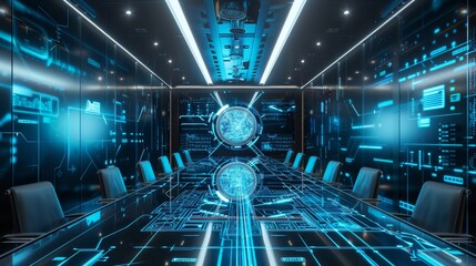Fototapeta premium Glass Walls and Holographic Presentation in a Futuristic High Tech Meeting Room.