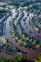 Flooded neighborhood aerial view reveals submerged houses surrounded by trees. High-resolution photo showcases devastating flood damage and its impact on community layout.