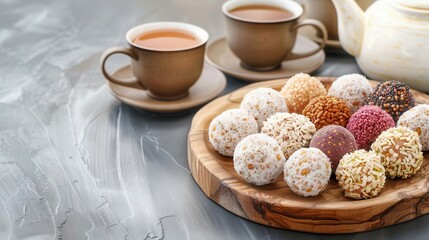 Assortment of colorful truffles on a wooden platter with tea cups and teapot.