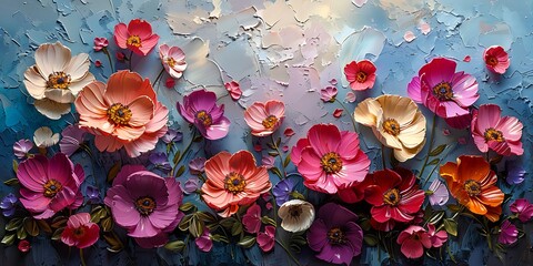 Bright colorful flowers on a blue background. View from above. Flat lay. Oil painting