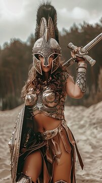 Powerful Female Gladiator with Tanned and Toned Body Preparing to Attack - Strong Warrior Woman in Combat Pose