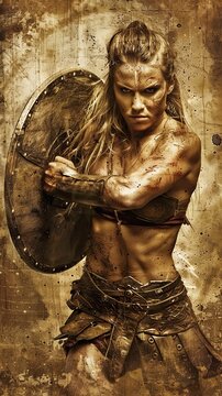 Powerful Female Gladiator with Tanned and Toned Body Preparing to Attack - Strong Warrior Woman in Combat Pose