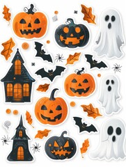 Vibrant Collection of Rhinestone Halloween Stickers Featuring Glittery Pumpkins, Bats, and Spiders on a Stark White Background