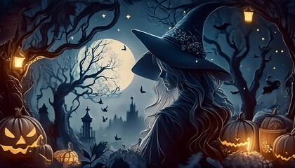 In a spooky forest at full moon, a witch and Jack-o'-lantern and castle in the background for Halloween day
