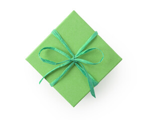 Top view of green square present paper box with recycled paper ribbon isolated on white background