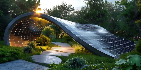 3d render of flexible solar panel in the garden. Alternative energy concept