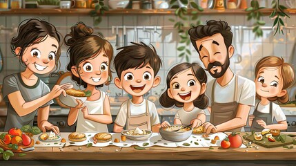 vector, illustration, flat, Happy family cooking in kitchen and serving dining table. Smiling adults and children preparing meals for dinner together. Cute home scene. Colorful vector illustration in 
