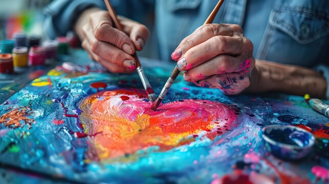 An art therapy session where a client is creating artwork representing their emotional and cognitive states, with visual elements of a heart and brain intertwined in their artwork.