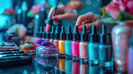 skilled manicurist working on a clients nails in a chic, well-lit salon, surrounded by an array of colorful nail polish bottles and stylish decor, creating a trendy and vibrant atmosphere.