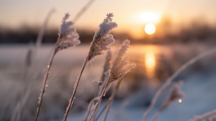 Frozen Grass at Sunset