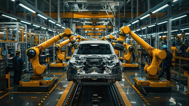 photograph capturing workers in a high-tech automotive factory assembling cars, with robotic arms and advanced machinery aiding the process, bathed in bright industrial lighting.