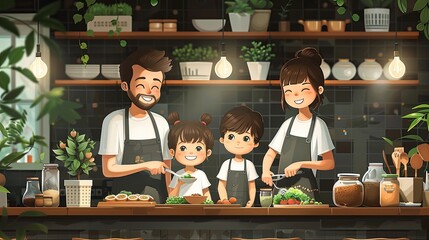 vector, illustration, flat, Happy family cooking in kitchen and serving dining table. Smiling adults and children preparing meals for dinner together. Cute home scene. Colorful vector illustration in 