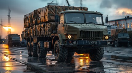 Fototapeta premium A military transport vehicle carrying boxes of supplies and equipment, supporting military logistics and operations.