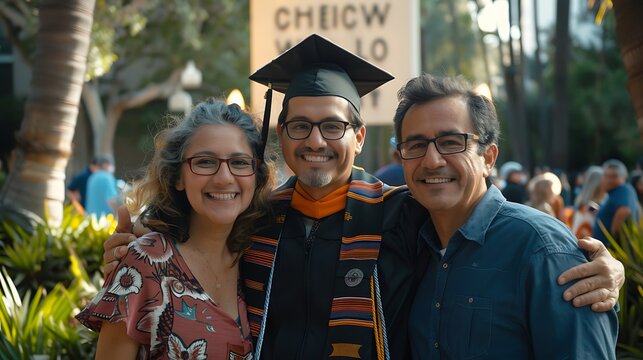 A graduate posing with their parents, all beaming with pride, in front of a university sign.