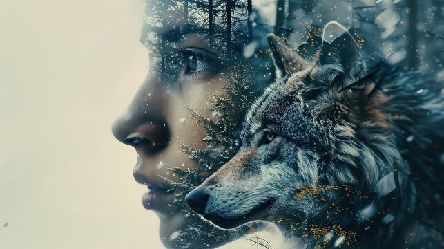  double exposure blending the profile of a human face with the graceful lines of an animal, such as a wolf or eagle, representing the connection between humanity and the natural world.