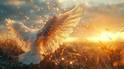 creative depiction of wings made of light or feathers, hovering above a serene landscape or person, representing angelic protection and grace.