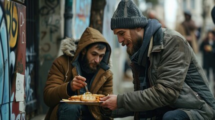 Fototapeta premium Giving food to beggar men on the street