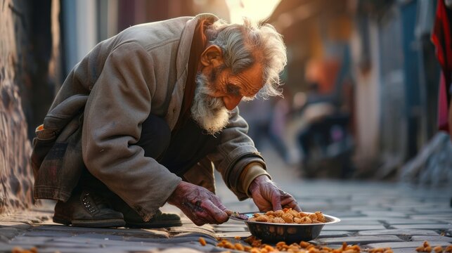 Giving food to beggar men on the street