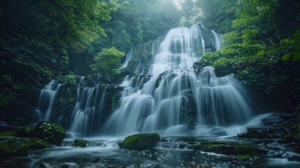 A serene long exposure photograph of a waterfall, with the water appearing smooth and silky as it cascades down, emphasizing the tranquil and continuous flow of nature.