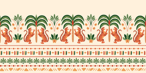 Tropical palm tree and Asian tiger horizontal long seamless border. Cute jungle repeat ethnic oriental ornament, hand drawn wild animal under the coconut Indian decorative design. Vector beach print © Tani Kuzminka