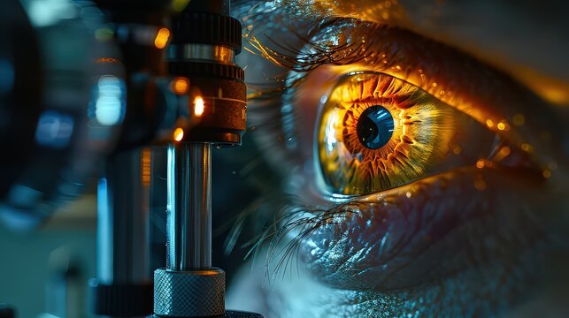 A patient undergoing a retinal examination with a slit lamp biomicroscope, showing a detailed view of the retina and optic nerve.