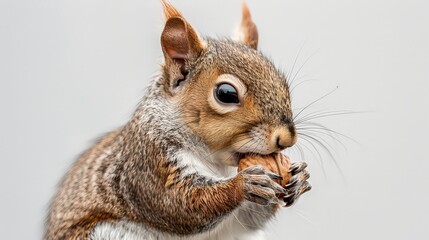 Obraz premium detailed, close-up image of a squirrel nibbling on a nut, showcasing the animal's delicate features and natural behavior against a simple, neutral background.