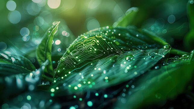 double exposure blending futuristic technology, like circuit board patterns or digital grids, with elements of nature, plant leaves, illustrating the integration of innovation with ecological harmony