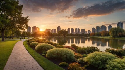 Nice city park by the lake with sunset sky and modern building in background.