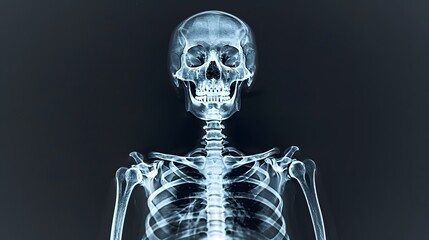 X-Ray of a Full Skeleton: Complete X-ray image of a human skeleton in an upright position.
