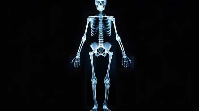 X-Ray of a Full Skeleton: Complete X-ray image of a human skeleton in an upright position.
