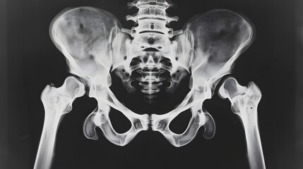X-Ray of a Pelvis: X-ray image of a human pelvis, showing detailed bone structure and hip joints.
