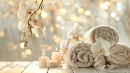 SPA setting with flowers, orchid, candle or towel on wooden table in massage room. Modern SPA salon