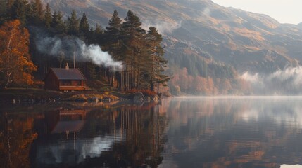 Serene cabin by a misty lake nestled among mountains. Smoke from the chimney creates a cozy atmosphere. This tranquil scene evokes peace.